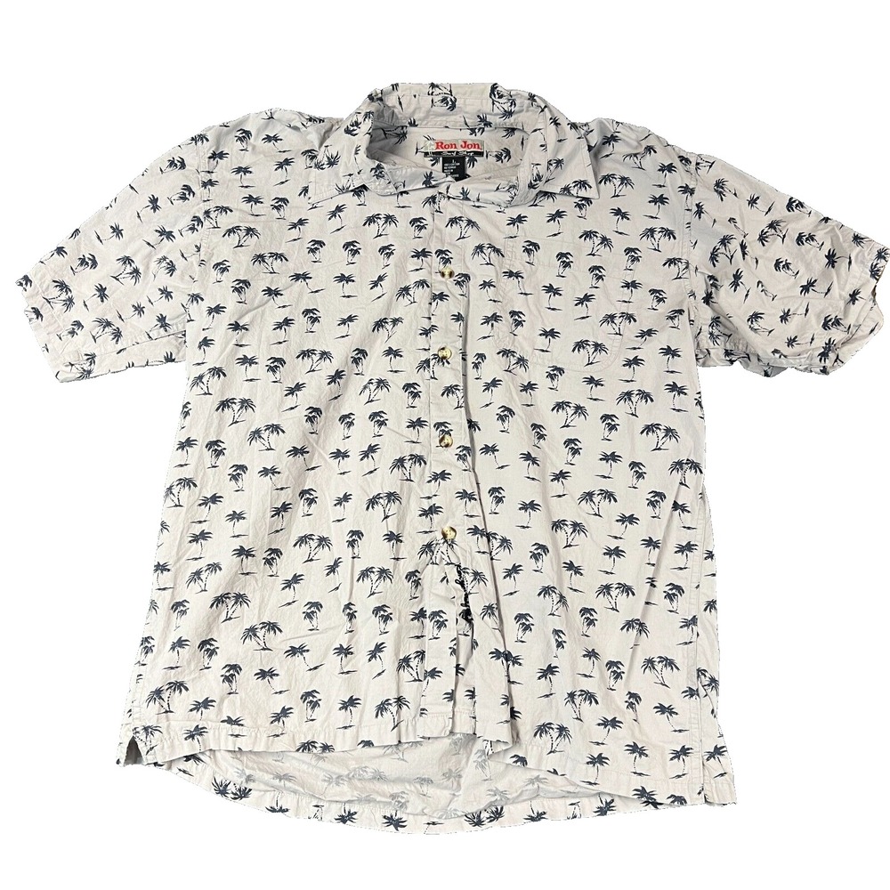 Ron John Shirt Mens Large Button Up Hawaiian Gray Short Sleeve Beach Travel EUC - Picture 1 of 6